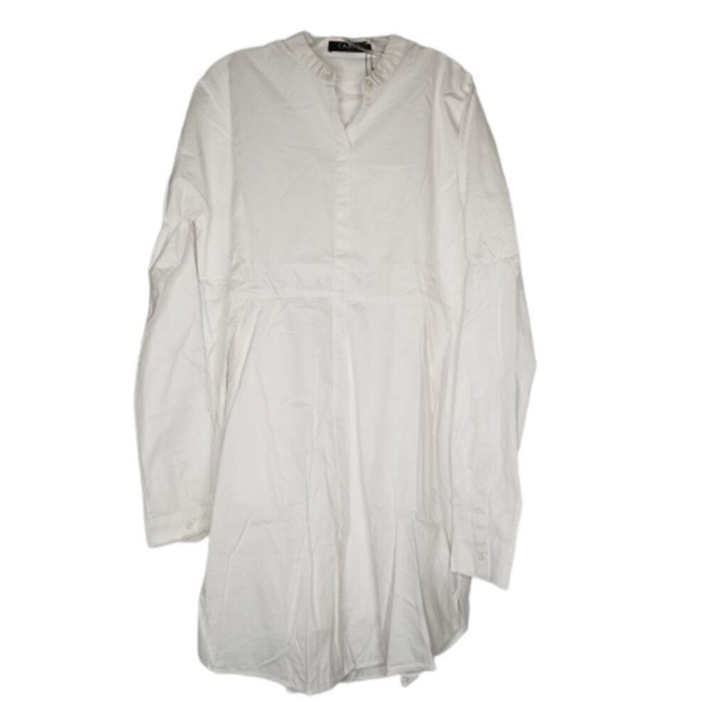 Caara Tunic Dress Long Sleeve V-Neck Cotton Button Cuff White Medium LAGENLOOK